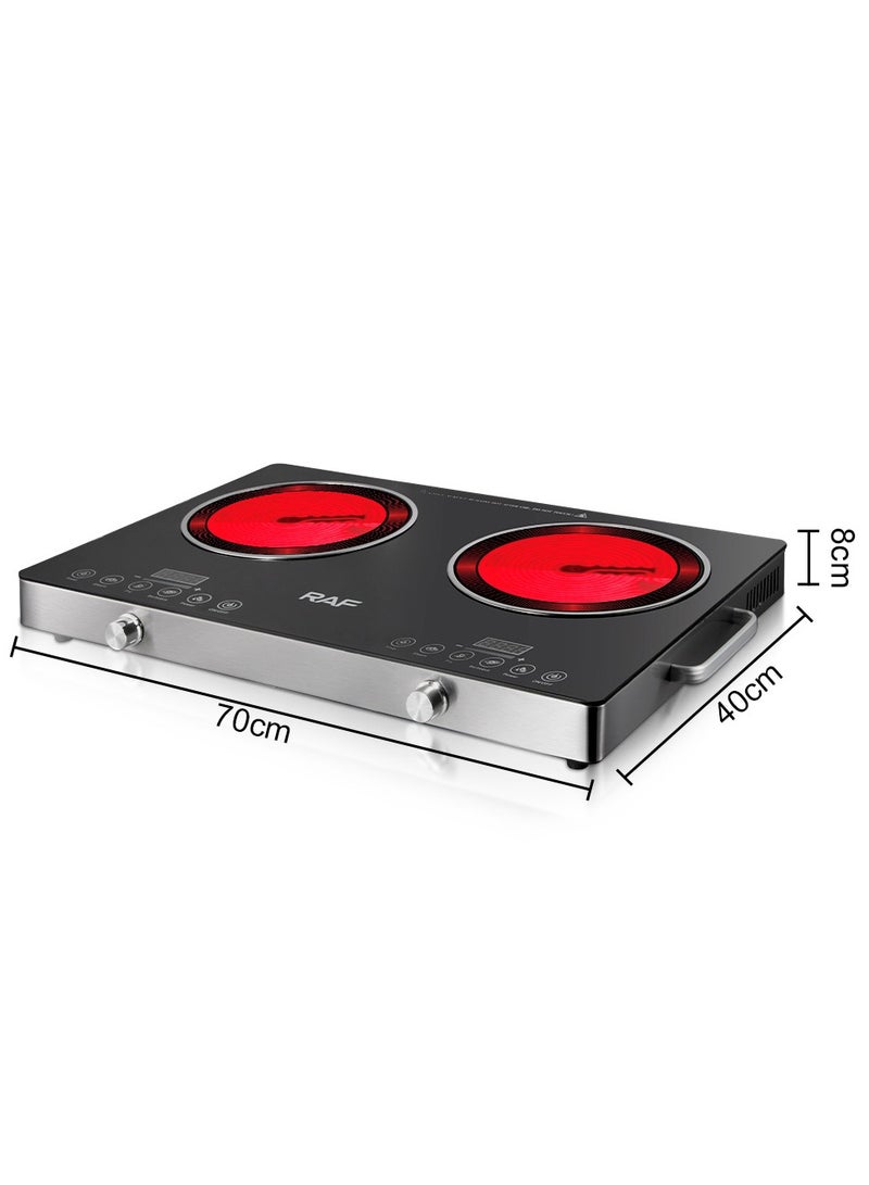 آر إيه أف موقد كهربائي مزدوج يعمل بالأشعة تحت الحمراء - موقد محمول بقوة 7000 وات، موقد يعمل بالأشعة تحت الحمراء، يسخن في ثوانٍ، موقد سطحي للسكن الجامعي، متوافق مع جميع أدوات الطهي - Image 5