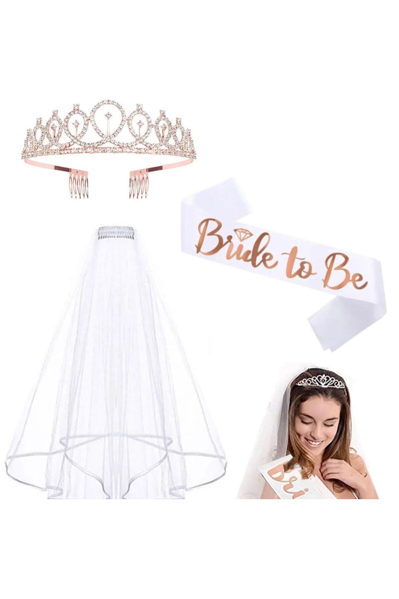 طقم حفل توديع العزوبية للعروس يتضمن وشاح العروس، طرحة العروس مع مشط، وتاج مرصع بأحجار الراين