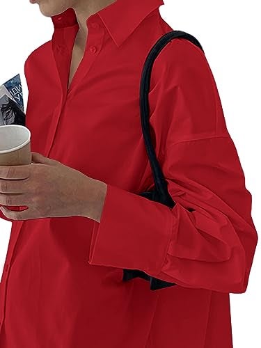 LYANER Women's Casual Shirts Dress Collar V Neck Button Down Loose Long Sleeve Mini Dresses Red X-Large - Image 3