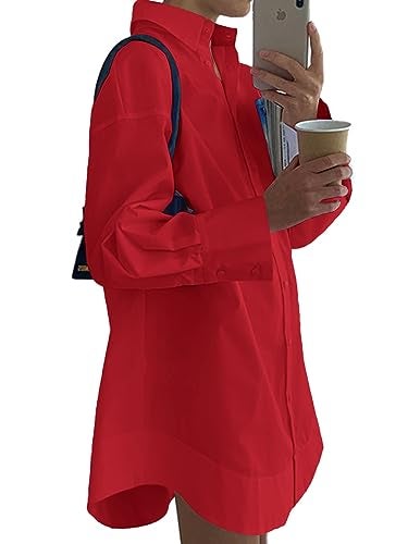 LYANER Women's Casual Shirts Dress Collar V Neck Button Down Loose Long Sleeve Mini Dresses Red X-Large - Image 2