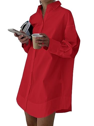 LYANER Women's Casual Shirts Dress Collar V Neck Button Down Loose Long Sleeve Mini Dresses Red X-Large - Image 1