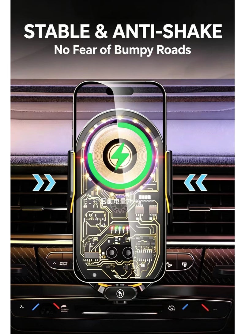 66W Fast Charging Car Phone Mount, Auto Clamp Wireless Charger Phone Holder, Transparent Visible Circuit Design, Air Vent Dashboard Mount for All Smartphones - Image 2