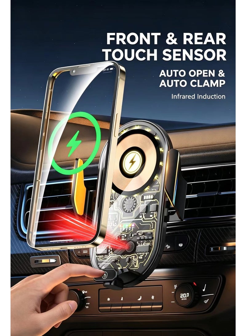 66W Fast Charging Car Phone Mount, Auto Clamp Wireless Charger Phone Holder, Transparent Visible Circuit Design, Air Vent Dashboard Mount for All Smartphones - Image 4