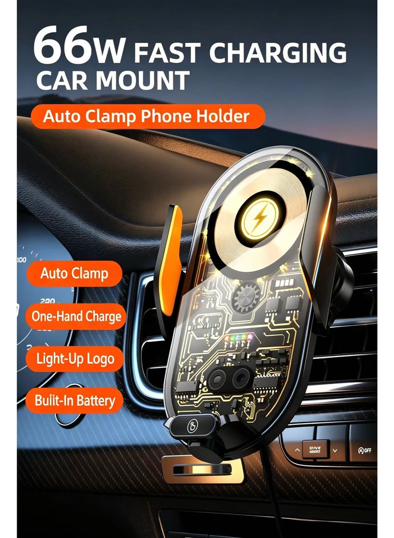 66W Fast Charging Car Phone Mount, Auto Clamp Wireless Charger Phone Holder, Transparent Visible Circuit Design, Air Vent Dashboard Mount for All Smartphones - Image 5