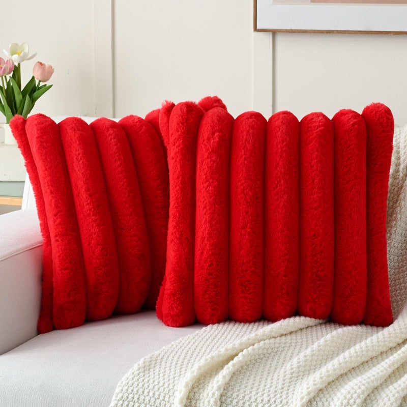 FUTEI Red Decorative Throw Pillow Covers 20x20 Inch Set of 2 Square Soft Faux Rabbit Fur Thick Striped Cushion CoverSpring Home Decor for Couch Bed Living Room - Image 2