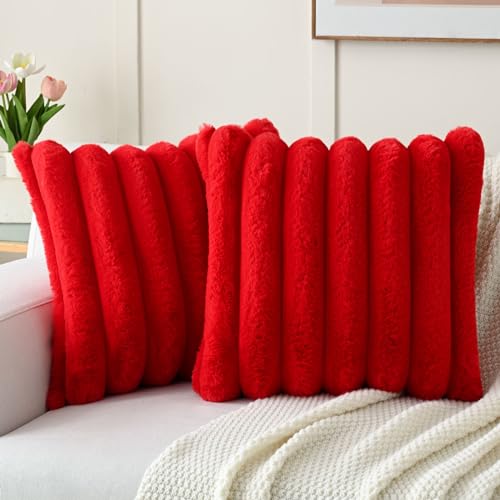 FUTEI Red Decorative Throw Pillow Covers 20x20 Inch Set of 2 Square Soft Faux Rabbit Fur Thick Striped Cushion CoverSpring Home Decor for Couch Bed Living Room - Image 1