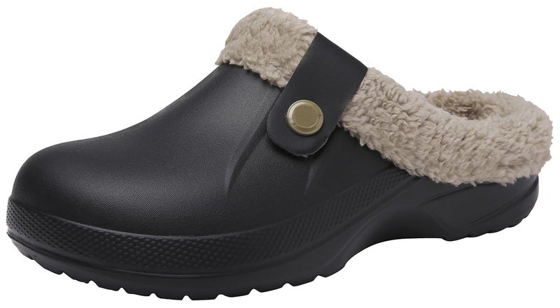 ChayChax Women and Men Fur Lined Clogs Memory Foam Warm Fuzzy Slippers Winter Waterproof Indoor Outdoor Slipper, Black 1, 8.5-9 Women/7.5-8 Men - Image 1