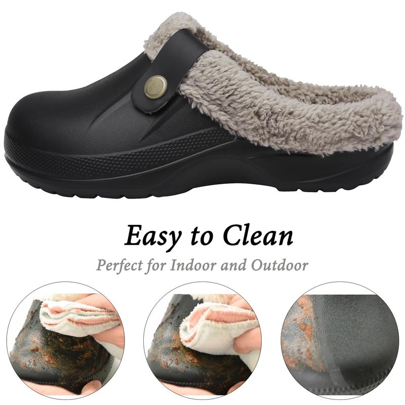 ChayChax Women and Men Fur Lined Clogs Memory Foam Warm Fuzzy Slippers Winter Waterproof Indoor Outdoor Slipper, Black 1, 8.5-9 Women/7.5-8 Men - Image 2