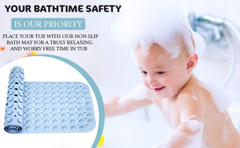 XXSSIER Anti Skid Mat for Bathroom Floor Bathroom Anti Slip Mat Bathtub Bath Shower Mat with Suction Cups & Drain Holes Foot Massage Scrubber for Kids & Adults Bath Mat 70 x 35 CM (Blue) - Image 2