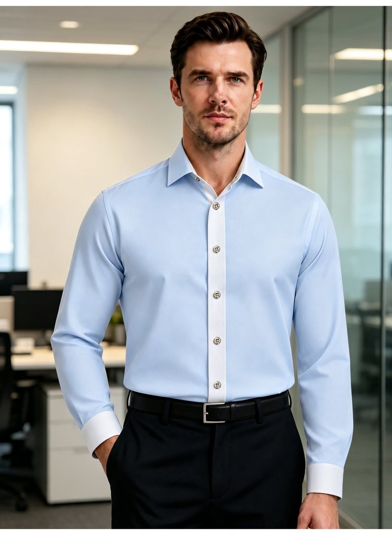 Business Shirt Men Long Sleeve Light Blue Contrast White Placket Cuffs Wrinkle Resistant Stretch Regular Fit Formal Dress Shirt for Office Wedding Party - Image 3