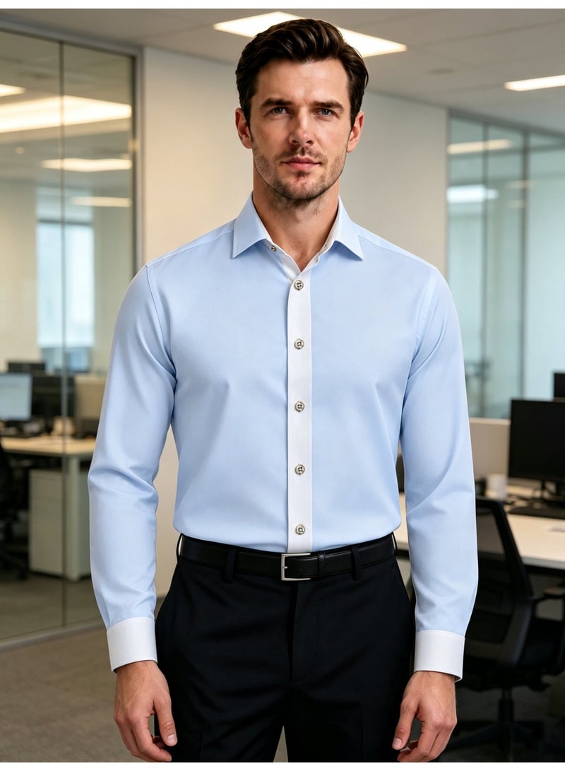 Business Shirt Men Long Sleeve Light Blue Contrast White Placket Cuffs Wrinkle Resistant Stretch Regular Fit Formal Dress Shirt for Office Wedding Party - Image 5