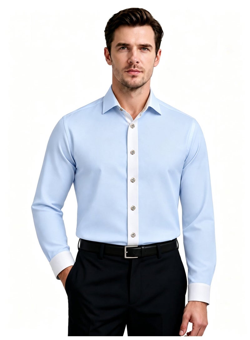 Business Shirt Men Long Sleeve Light Blue Contrast White Placket Cuffs Wrinkle Resistant Stretch Regular Fit Formal Dress Shirt for Office Wedding Party - Image 1