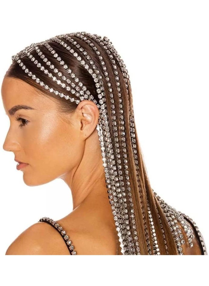 سلسلة رأس أنيقة للسيدات من Hot Po Glamour مصنوعة من أحجار الراين الكريستالية على شكل قطارة، وعصابة رأس لحفلات الزفاف وحفلات التخرج، إكسسوارات شعر للفتيات (فضية) - Image 3