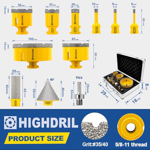 HIGHDRIL طقم بتات حفر الماس HIGHDRIL مع 5/8-11 للبلاط الخزفي والسيراميك والرخام والطوب والخرسانة مع منشار ثقب مفرغ (6/8/10/20/35/50/65/100 مم + بت تشامفر 50 مم + بت إصبع 20 مم + محول) - Image 2