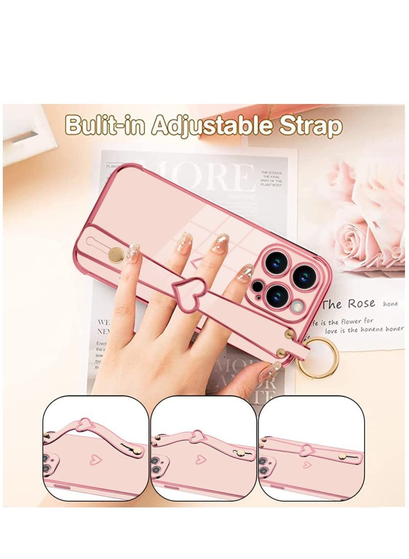KASTWAVE Pink Case for iPhone 14 Pro Max Case with Finger Strap Bracket Cute Bling Plating Heart Design Phone Cover Shockproof Soft TPU Slim Protective Cover for iPhone 14 Pro Max Pink - Image 5