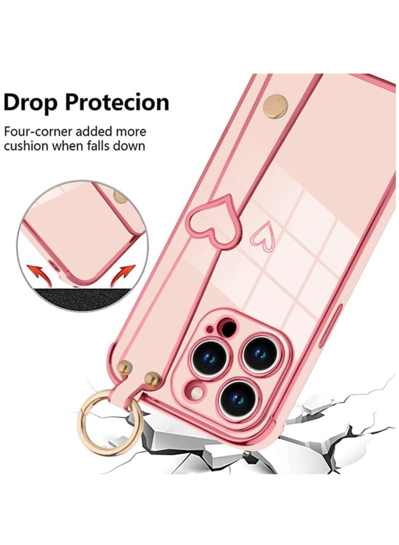 KASTWAVE Pink Case for iPhone 14 Pro Max Case with Finger Strap Bracket Cute Bling Plating Heart Design Phone Cover Shockproof Soft TPU Slim Protective Cover for iPhone 14 Pro Max Pink - Image 2
