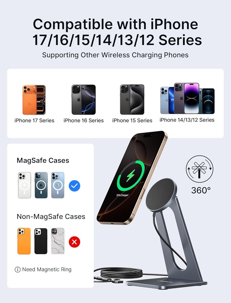 jsaux Magnetic Wireless Charger Stand for MagSafe Charger, Compatible with iPhone 16/16 plus/16 Pro/16 Pro Max/iPhone 15/15 Plus/15 Pro/15 Pro Max/14/13/12, Wireless Charging Stand - Grey - Image 4