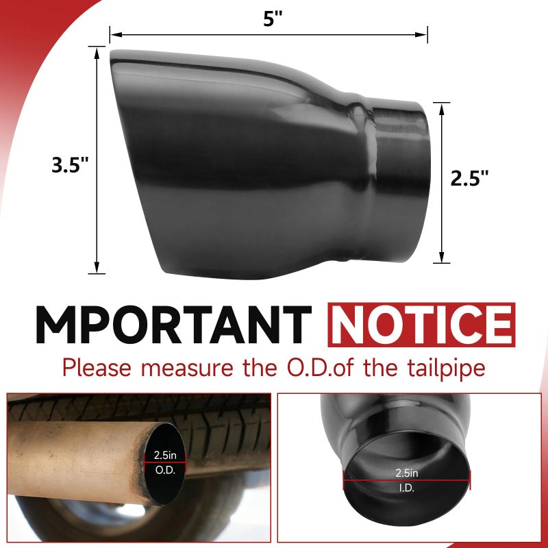A-KARCK Black Exhaust Tips 2.5" Inlet, 2.5" Inlet 3.5" Outlet 5.0" Length Clamp on Universal Never Fading Muffler Tip - Image 2