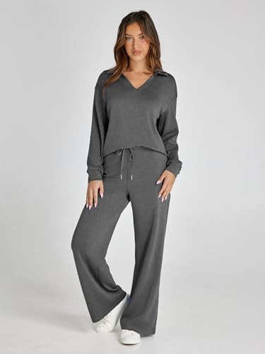 Glamaker Womens Set 2 Piece Outfit Casual Long Sleeve Polo Neck Pants Sets Sweatsuits Wrinkle Resistant Travel Sets Fall Outfits (Dark Grey L) - Image 2