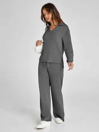 Glamaker Womens Set 2 Piece Outfit Casual Long Sleeve Polo Neck Pants Sets Sweatsuits Wrinkle Resistant Travel Sets Fall Outfits (Dark Grey L) - Image 5