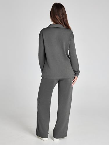 Glamaker Womens Set 2 Piece Outfit Casual Long Sleeve Polo Neck Pants Sets Sweatsuits Wrinkle Resistant Travel Sets Fall Outfits (Dark Grey L) - Image 3