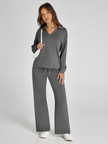 Glamaker Womens Set 2 Piece Outfit Casual Long Sleeve Polo Neck Pants Sets Sweatsuits Wrinkle Resistant Travel Sets Fall Outfits (Dark Grey L) - Image 4