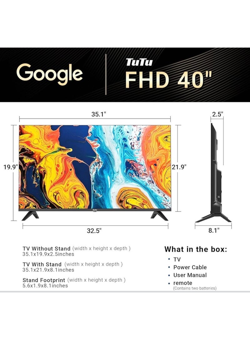 TuTu TV تلفاز ذكي FHD مقاس 40 بوصة، مزود بجهاز استقبال مدمج، تلفاز جوجل مع Chromecast مدمج ومساعد جوجل، تحكم صوتي بدون استخدام اليدين، صوت دولبي، HDR10 وتقنية التعتيم الدقيق، تصميم بلا حواف. G40QF أسود - Image 2