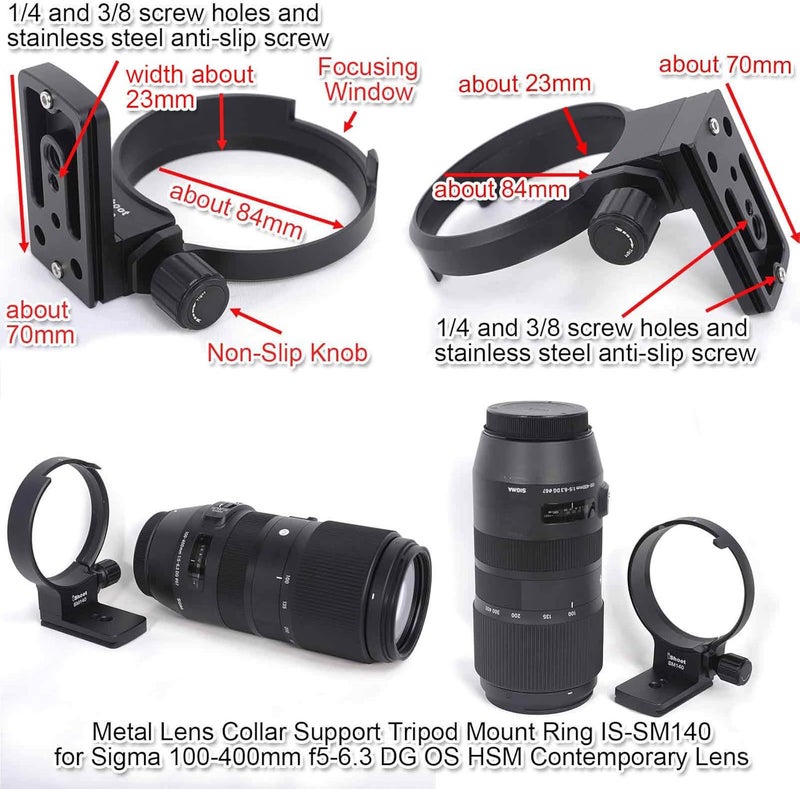 iShoot Tripod Mount Ring, Lens Collar Socket Compatible with Sigma 100-400mm f/5-6.3 DG OS HSM Contemporary Lens (EF/F Mount), Built-in Quick Release Plate for Tripod Ball Head of ARCA-Swiss Kirk Fit - Image 5
