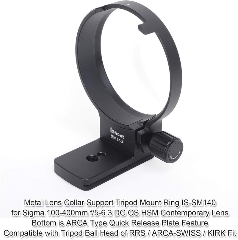 iShoot Tripod Mount Ring, Lens Collar Socket Compatible with Sigma 100-400mm f/5-6.3 DG OS HSM Contemporary Lens (EF/F Mount), Built-in Quick Release Plate for Tripod Ball Head of ARCA-Swiss Kirk Fit - Image 2