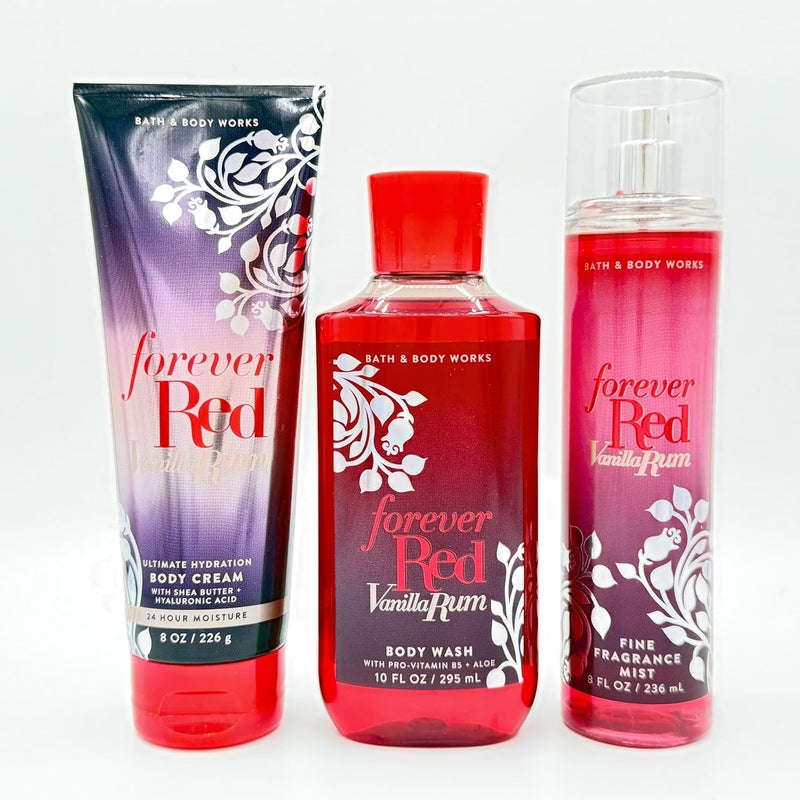 Forever Red Vanilla Rum 3Piece Bath Body Bundle Ultimate Hydration Body Cream Body Wash and Fine Fragrance Mist - Image 1