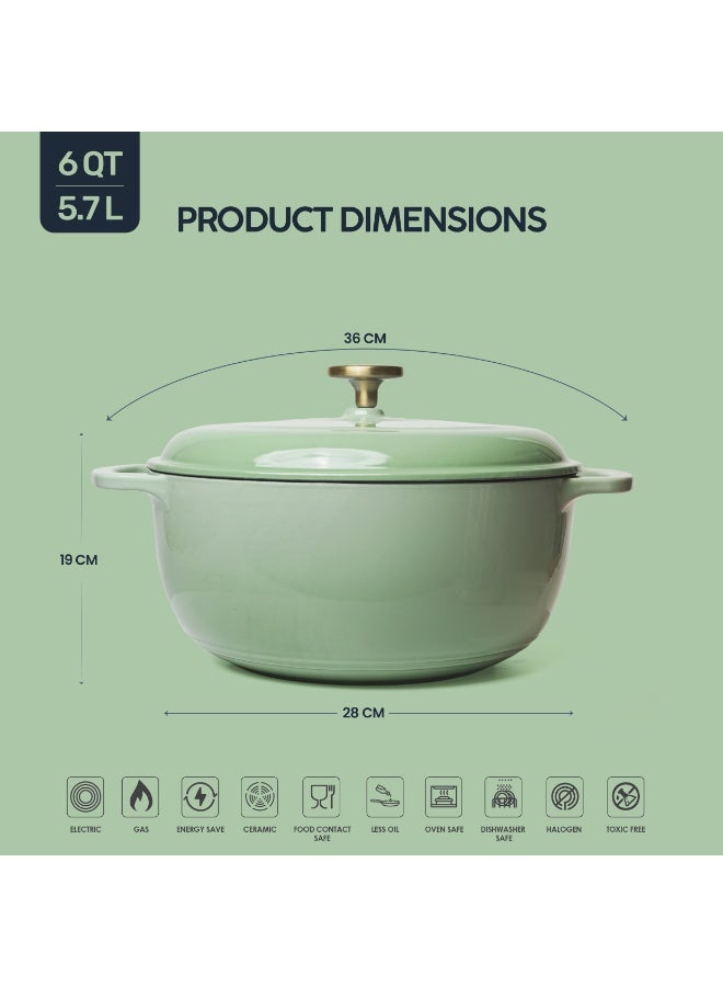 فاف VAV GET 6QT Enameled Cast Iron Round Dutch Oven, Family Style Heavy-Duty Pre-Seasoned Cookware, Healthy & Safe Non-Stick, Oven & Stovetop Safe – Sage Green - Image 3