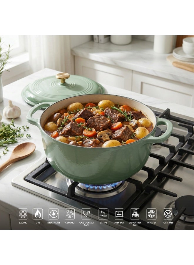 فاف VAV GET 6QT Enameled Cast Iron Round Dutch Oven, Family Style Heavy-Duty Pre-Seasoned Cookware, Healthy & Safe Non-Stick, Oven & Stovetop Safe – Sage Green - Image 4