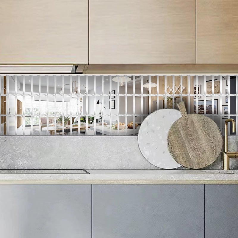XIHACTY 64 Pcs Peel and Stick Beveled Mirror Glass Tile.2.5x1 Inch Mirror Backsplash Tiles. Cute Mirror Strip Tile for Kitchen, Bathroom Wall. 64 Pcs - Image 3