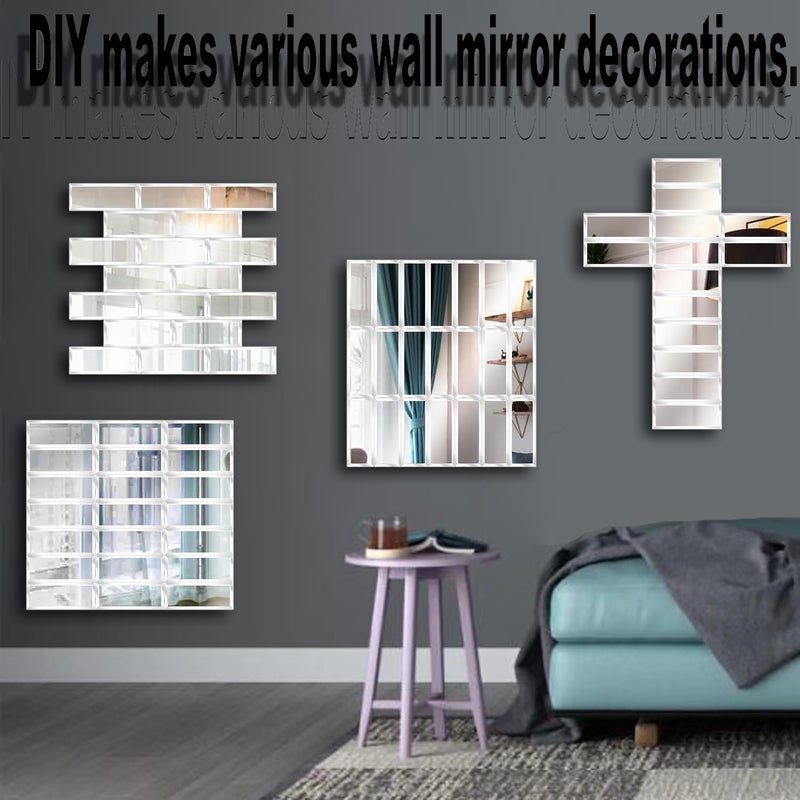 XIHACTY 64 Pcs Peel and Stick Beveled Mirror Glass Tile.2.5x1 Inch Mirror Backsplash Tiles. Cute Mirror Strip Tile for Kitchen, Bathroom Wall. 64 Pcs - Image 4
