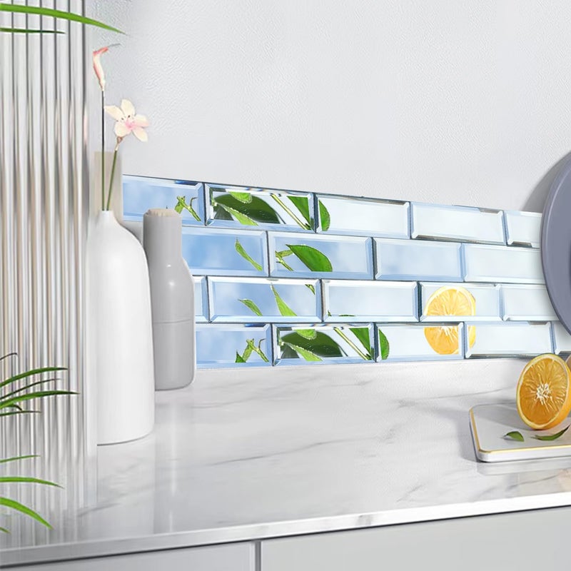 XIHACTY 64 Pcs Peel and Stick Beveled Mirror Glass Tile.2.5x1 Inch Mirror Backsplash Tiles. Cute Mirror Strip Tile for Kitchen, Bathroom Wall. 64 Pcs - Image 2