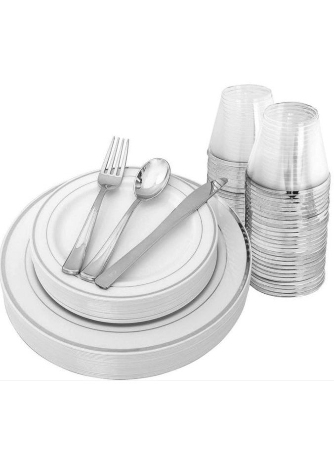Alissa - Silver 150 Piece Dinnerware Set 25 Pc 10.25" Dinner Plates 25 7.5" Salad 25 10 Oz Silver Rim Plastic Cups 25 Spoons 25 Forks 25 Knives 25 Guest Serve Party Birthday Home Office Outdoor - Image 1