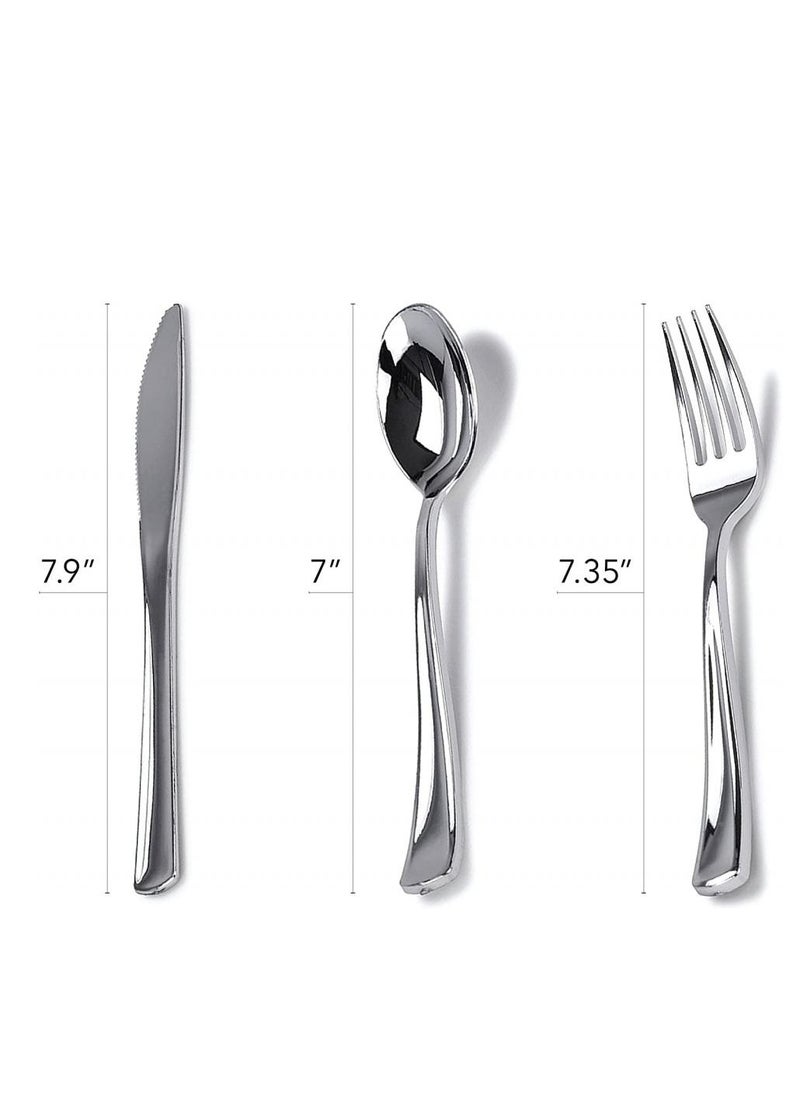 Alissa - Silver 150 Piece Dinnerware Set 25 Pc 10.25" Dinner Plates 25 7.5" Salad 25 10 Oz Silver Rim Plastic Cups 25 Spoons 25 Forks 25 Knives 25 Guest Serve Party Birthday Home Office Outdoor - Image 1