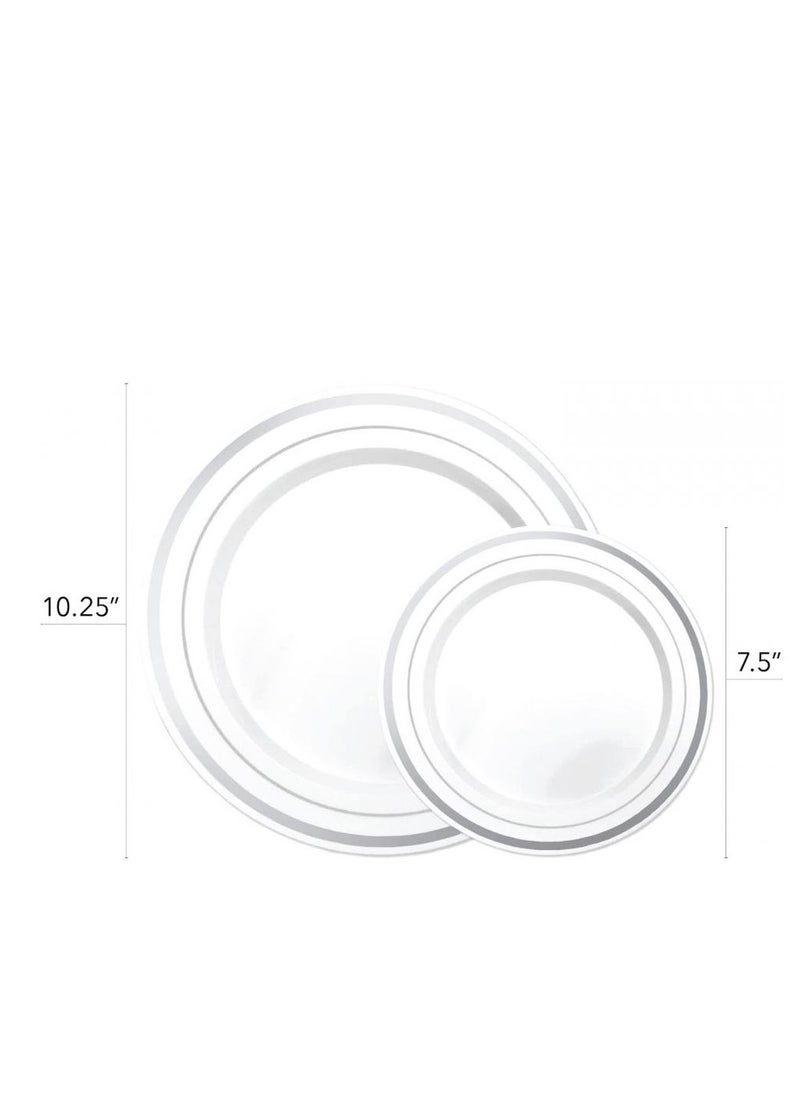 Alissa - Silver 150 Piece Dinnerware Set 25 Pc 10.25" Dinner Plates 25 7.5" Salad 25 10 Oz Silver Rim Plastic Cups 25 Spoons 25 Forks 25 Knives 25 Guest Serve Party Birthday Home Office Outdoor - Image 1