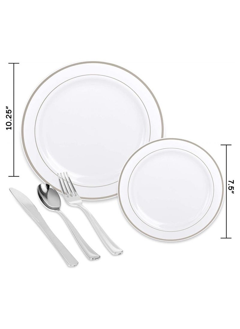 Alissa - Silver 150 Piece Dinnerware Set 25 Pc 10.25" Dinner Plates 25 7.5" Salad 25 10 Oz Silver Rim Plastic Cups 25 Spoons 25 Forks 25 Knives 25 Guest Serve Party Birthday Home Office Outdoor - Image 1