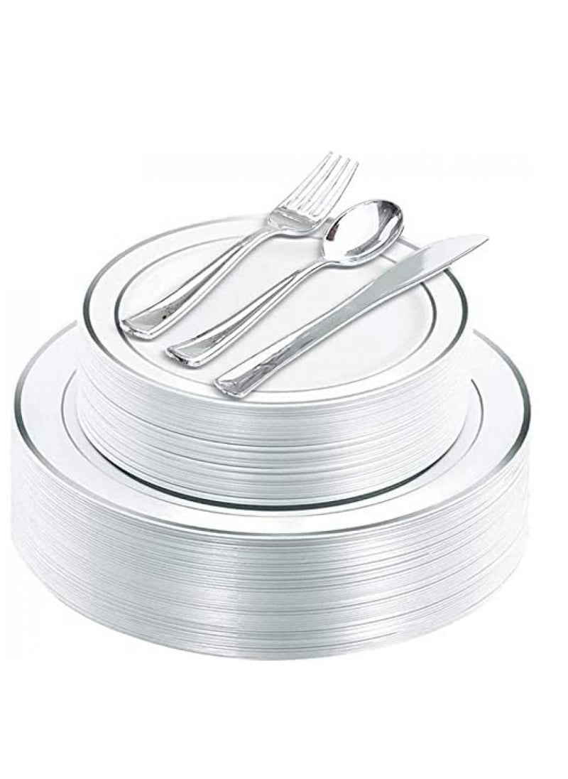 Alissa - Silver 150 Piece Dinnerware Set 25 Pc 10.25" Dinner Plates 25 7.5" Salad 25 10 Oz Silver Rim Plastic Cups 25 Spoons 25 Forks 25 Knives 25 Guest Serve Party Birthday Home Office Outdoor - Image 1