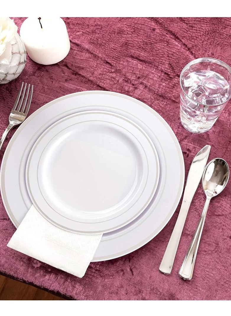 Alissa - Silver 150 Piece Dinnerware Set 25 Pc 10.25" Dinner Plates 25 7.5" Salad 25 10 Oz Silver Rim Plastic Cups 25 Spoons 25 Forks 25 Knives 25 Guest Serve Party Birthday Home Office Outdoor - Image 1