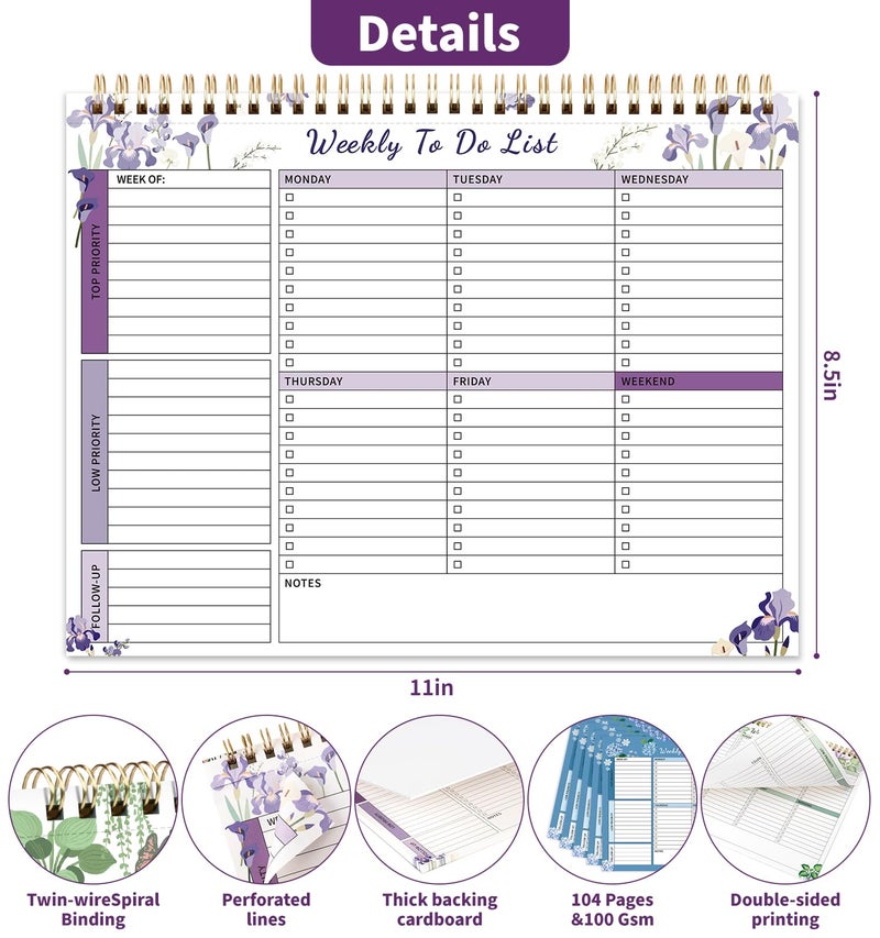 ALKALO 104 Pgs Weekly To Do List Notepad, 52 Duplex-Printed Undated Sheets 100 GSMï¼ˆ8.5"Ã—11") Weekly Desk Planner For Work Home School Office Desk Accessories Supplies & Goal Setting Tasks - Purple Iris - Image 3
