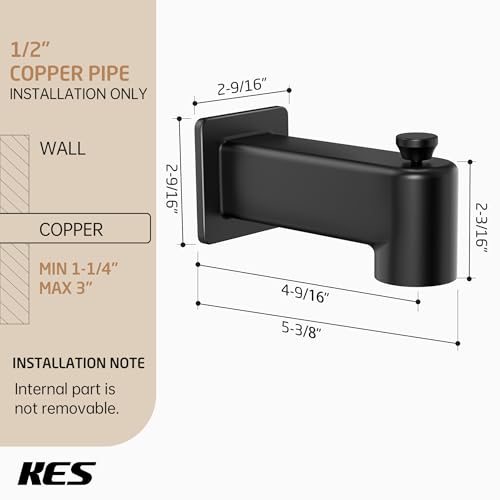 Kes All Metal Tub Spout with Diverter, KES 5-3/8 Inch Bath Tub Faucet Replacement with Stainless Steel Extension Nipple, Black Shower Slip-on Bathtub Faucet for 1/2 Inch Copper Pipe, PTSN300-BK - Image 5