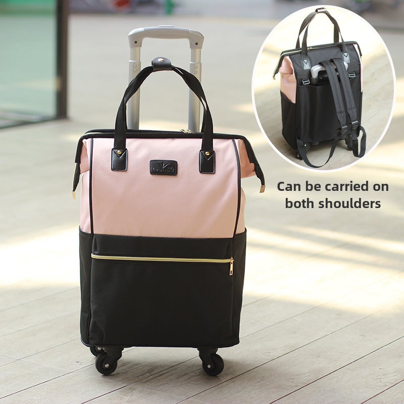 Large Capacity Womens Travel Bag with Trolley Pink single pull rod bag universal wheel