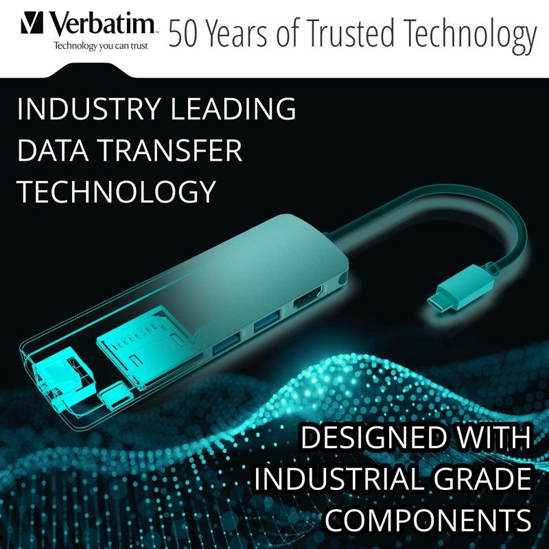 Verbatim 6-in-1 USB C Hub w/Dongle - USB Hub for Laptop w/ 2 USB 3.0, SD Card Reader, 4K HDMI, Ethernet, Compact & Portable USB-C Hub - Image 2