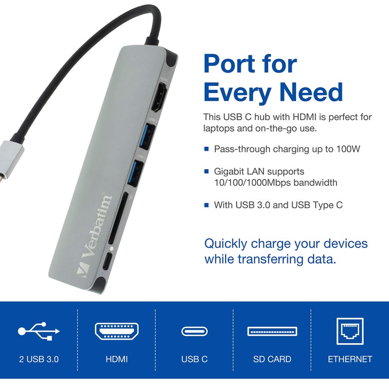 Verbatim 6-in-1 USB C Hub w/Dongle - USB Hub for Laptop w/ 2 USB 3.0, SD Card Reader, 4K HDMI, Ethernet, Compact & Portable USB-C Hub - Image 5