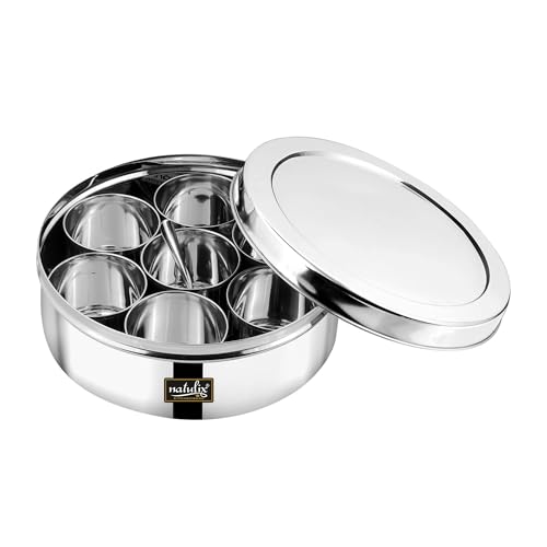 NATULIX Stainless Steel Masala Container | Masala box for Kitchen | Spice Box | Masala Dabba with 7 Containers and Small Spoon | Silver | X-Large 22cm | 2.5 Ltr - Image 5
