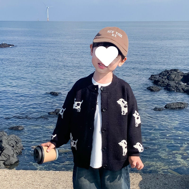 Childrens Sweater Boys Knitted Cardigan Coat Autumn 2024 New Babys Autumn Wear Childrens Spring and Autumn Boys Thin Black
