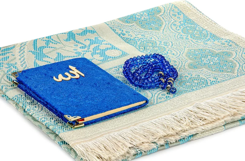 İhvan PVC Boxed Prayer Rug Set - Velvet Covered Yasin - Prayer Rug - Prayer Beads - Navy Blue Color