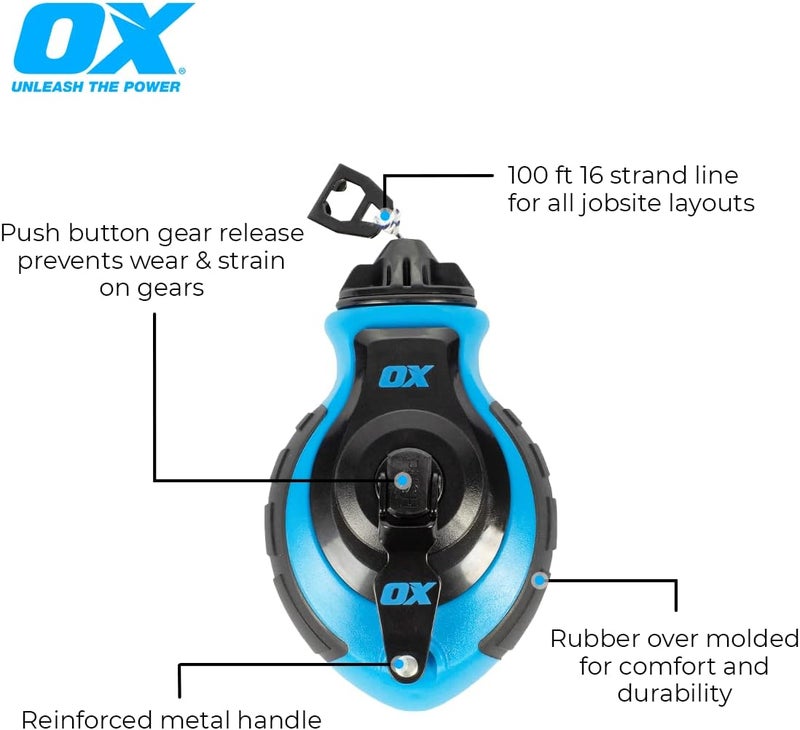 Ox Tools -P027731 Chalk Line - 100' Thick Line, Curved Hook, 6:1 Gear Ratio, Metal Handle, Easy Top Load, Ergonomic Shape & Rubber Grips - Ideal for Deck Builders, Framers, Roofers - Image 1